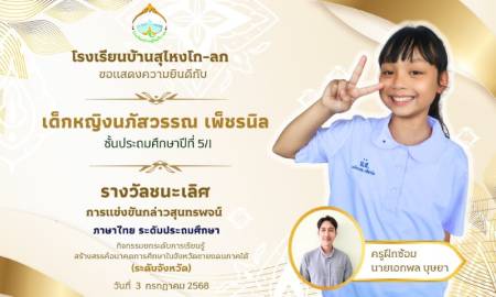 เด็กหญิงนภัสวรรณ เพ็ชรนิล คว้ารางวัลชนะเลิศกล่าวสุนทรพจน์ระดับจังหวัด